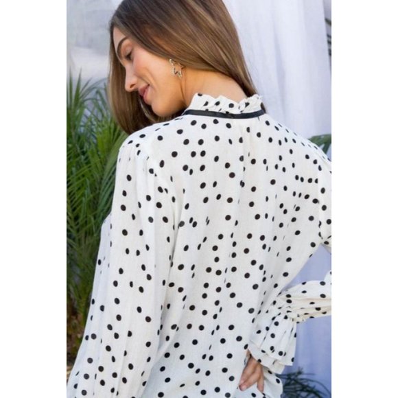 Women's White Ruffle Sleeve Polka Dot Tops Blouse. - Picture 2 of 3